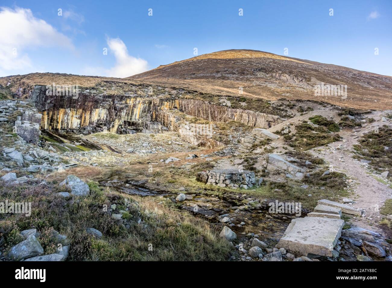 Old stone quarry in Mourne Mountains on the hill of Slieve Donard