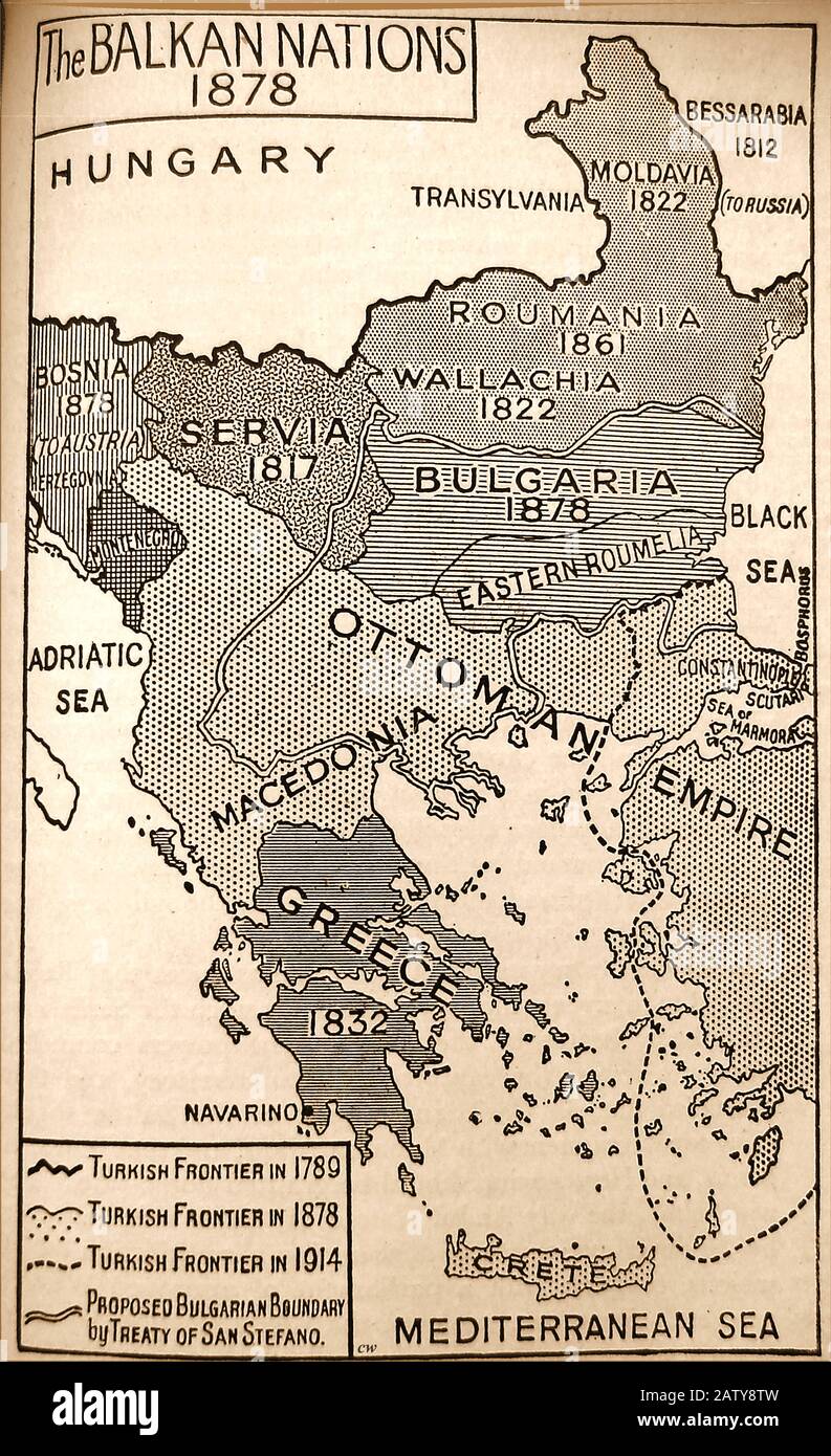 An historic map of the Balkans region in 1878 with dates of each nation 