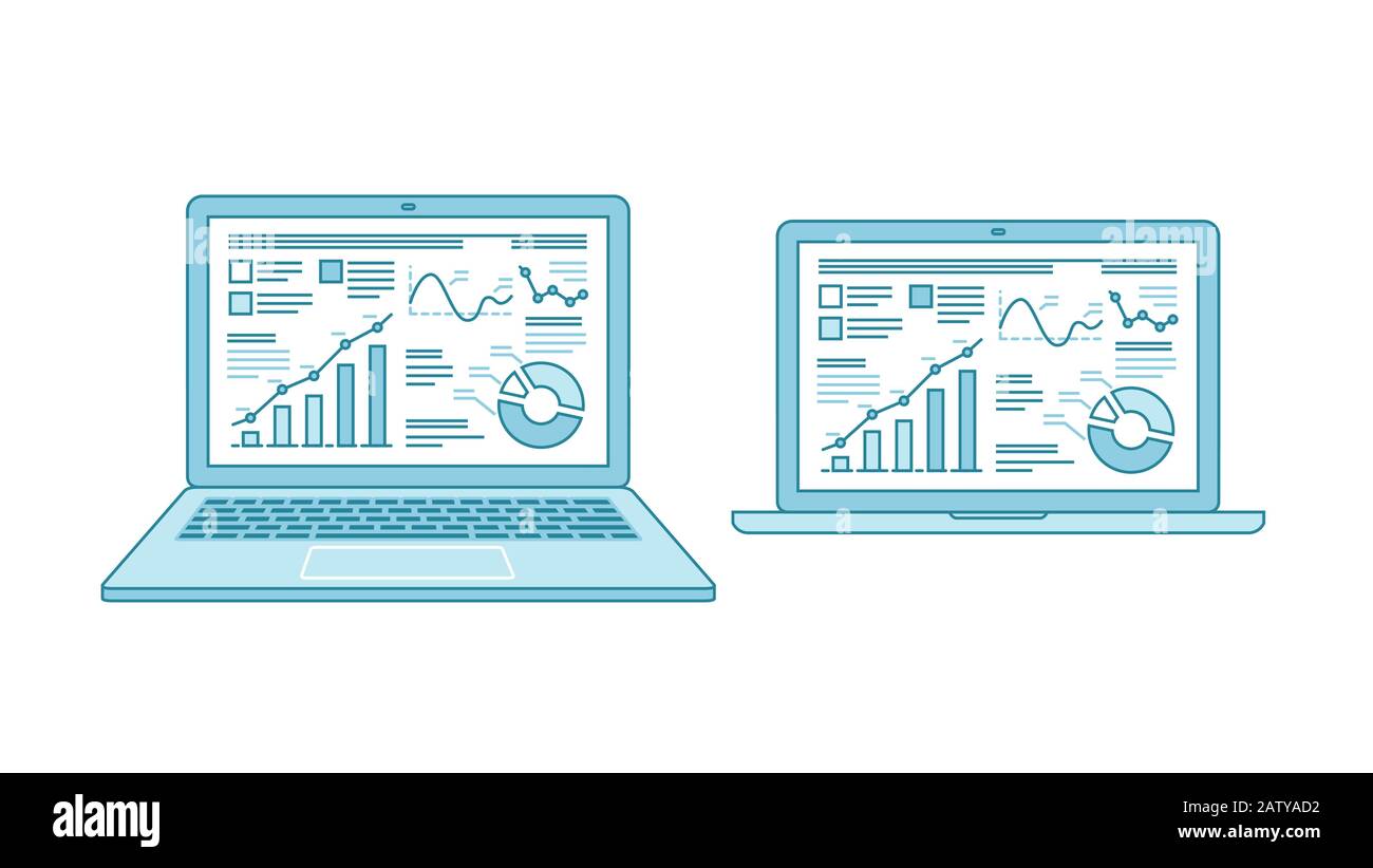 Business charts on laptop desktop screen. Finance, commerce vector Stock Vector
