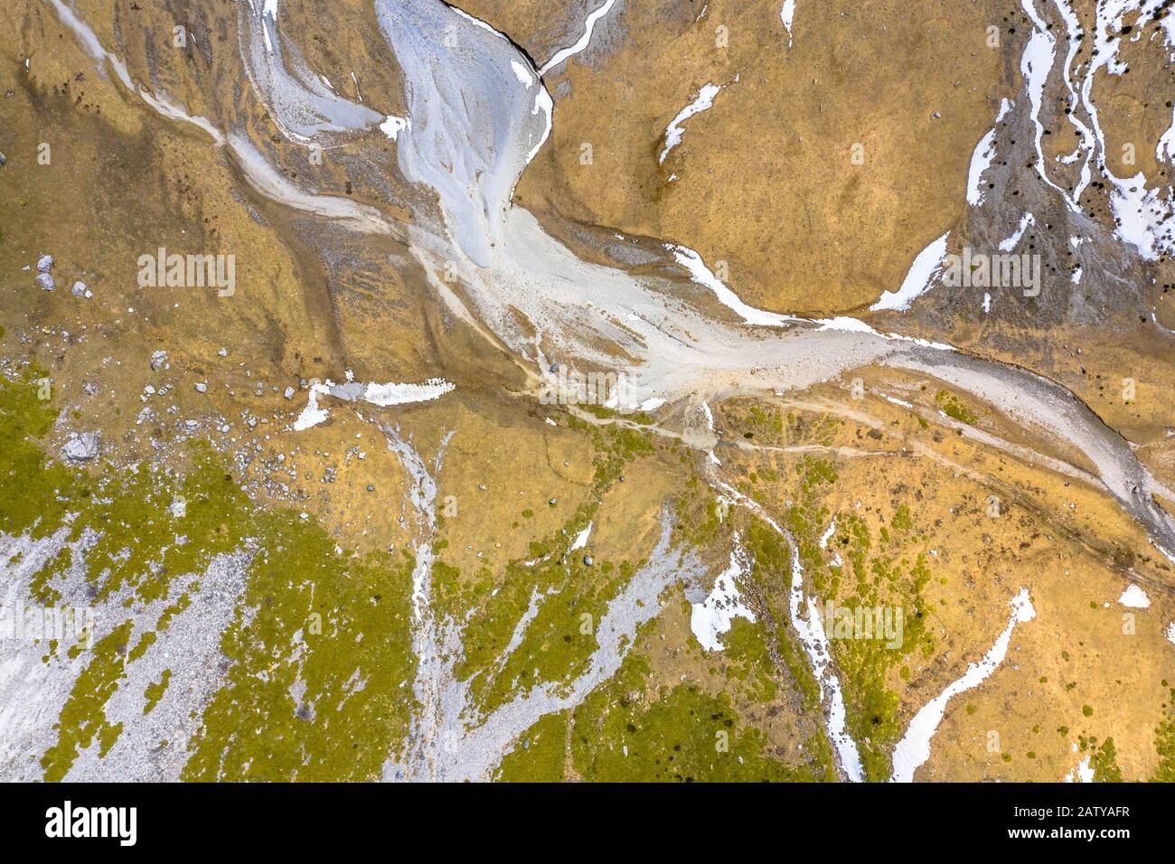 Aerial view of river bed in high mountain alpine region in Ordesa valley, Spanish Pyrenees, Huesca, Aragon, Spain. Stock Photo
