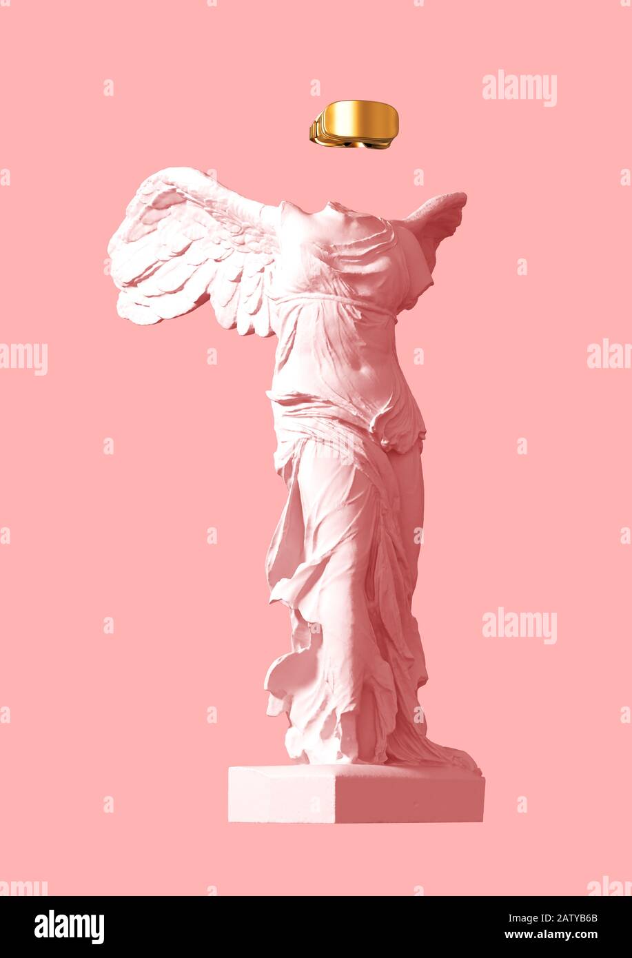 3D Model Of Winged Victory With Golden VR Glasses On Pink Background Stock Photo