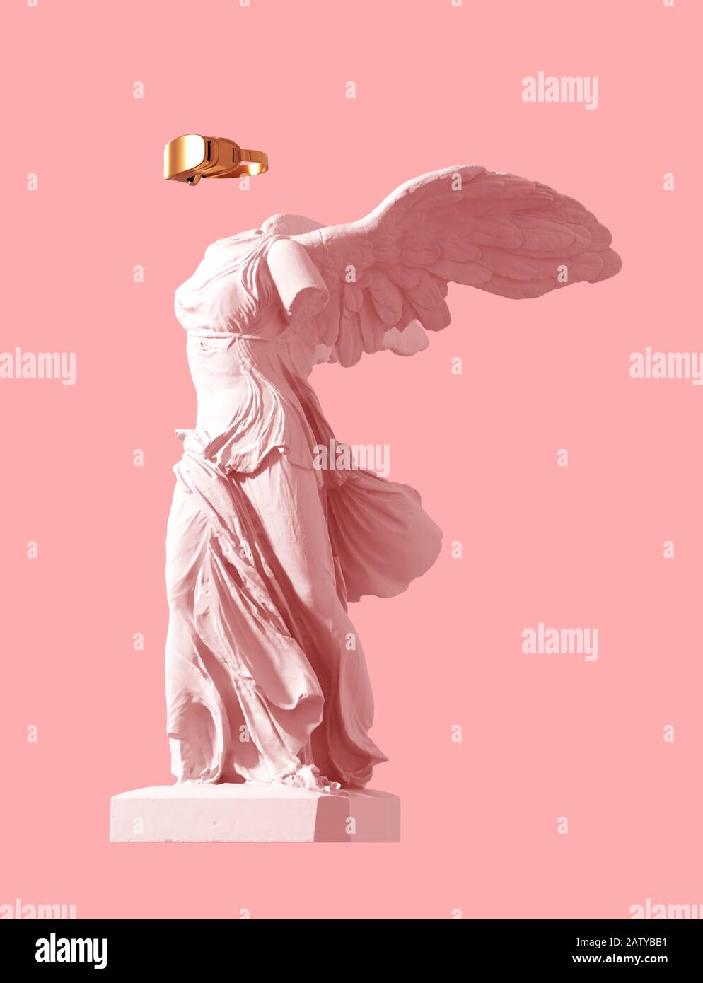 3D Model Of Winged Victory With Golden VR Glasses On Pink Background. Concept Of Art Inside Virtual Reality. Stock Photo