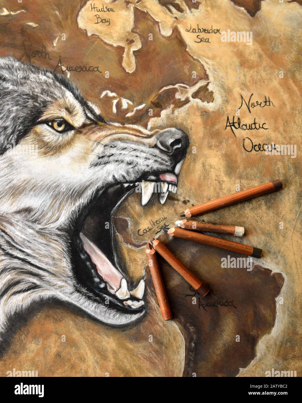 Magnificent animal art painting with an aggressive wolf Stock Photo