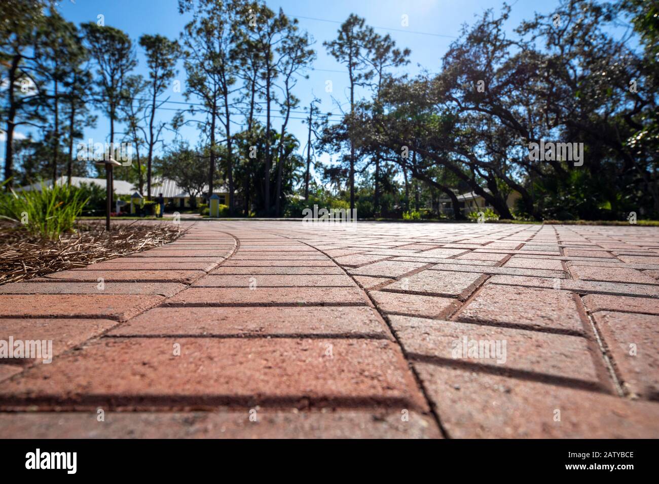 different paver stone pattern on a driveway. Low to the ground for best perspective. Stock Photo