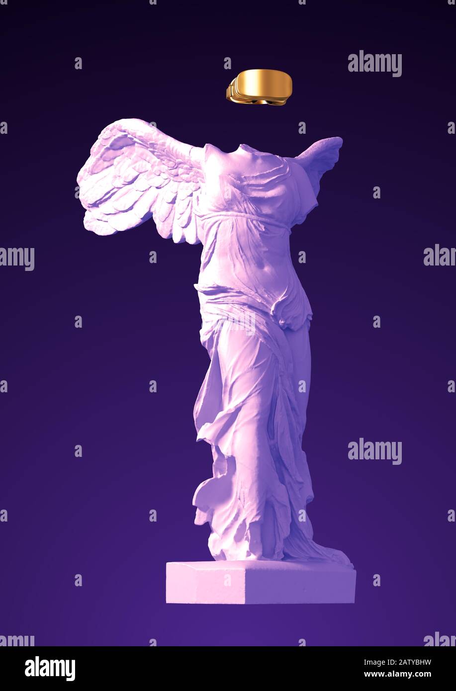 3D Model Of Winged Victory With Golden VR Glasses On Purple Background Stock Photo