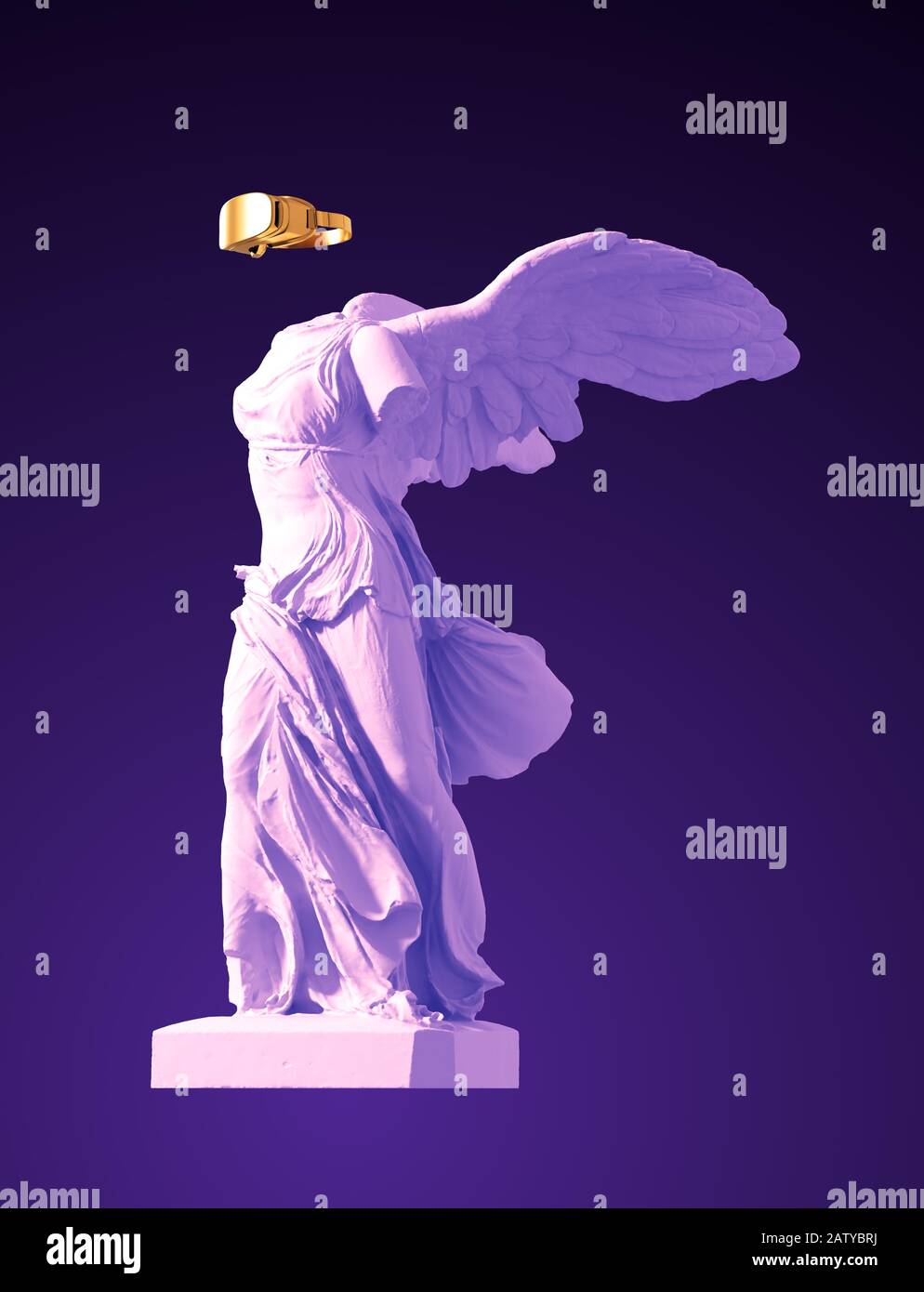 3D Model Of Winged Victory With Golden VR Glasses On Purple Background. Concept Of Art Inside Virtual Reality. Stock Photo