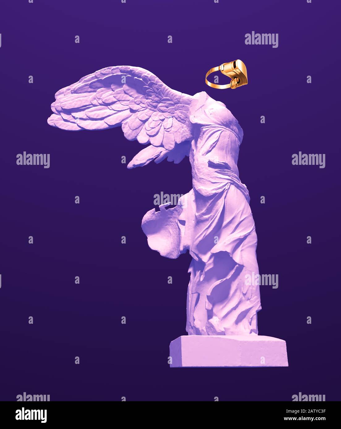 3D Model Of Winged Victory With Golden VR Glasses On Purple Background. Concept Of Art And Virtual Reality. Stock Photo