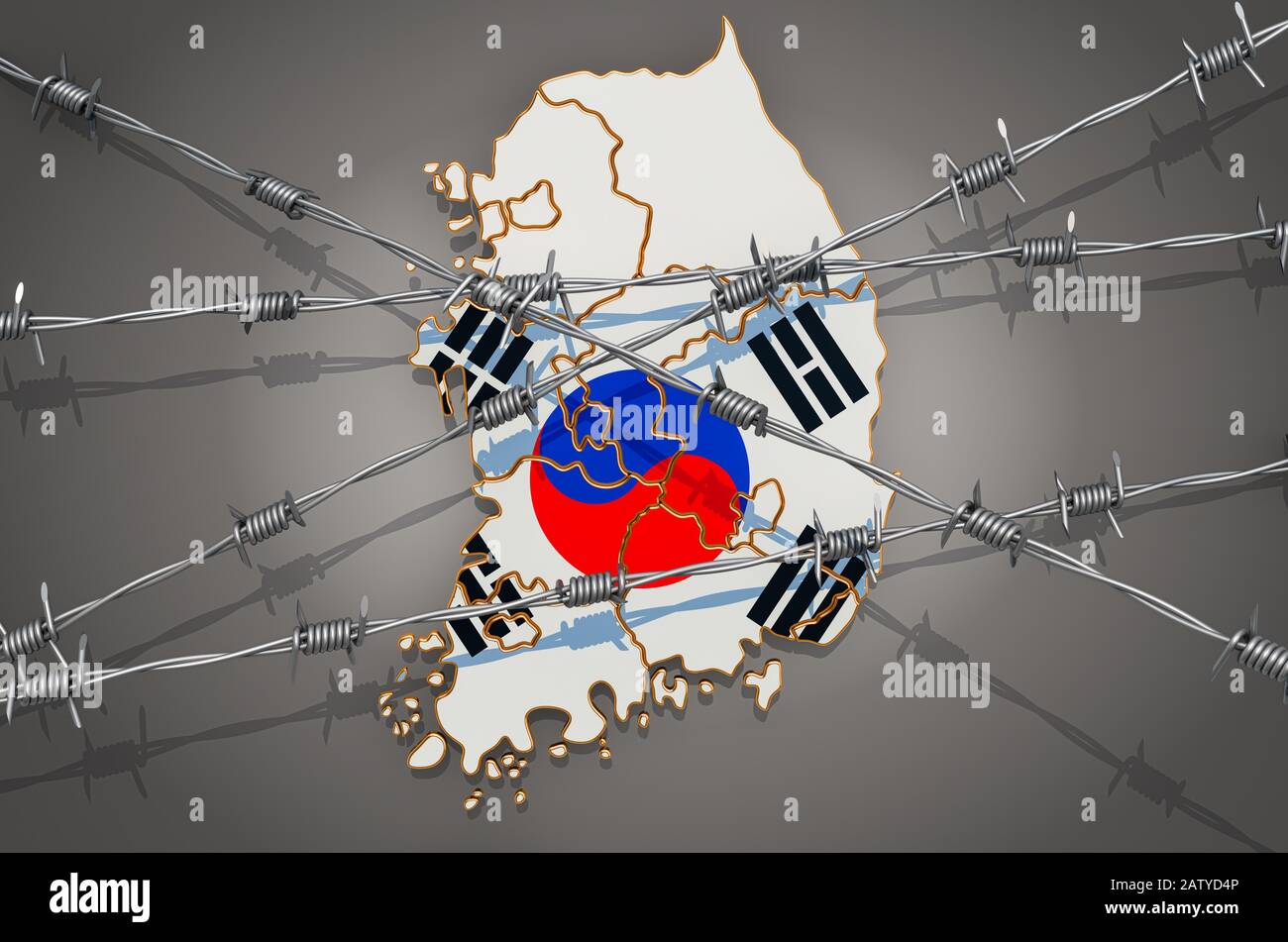 Map of South Korea with barbed wire, 3D rendering on grey background Stock Photo