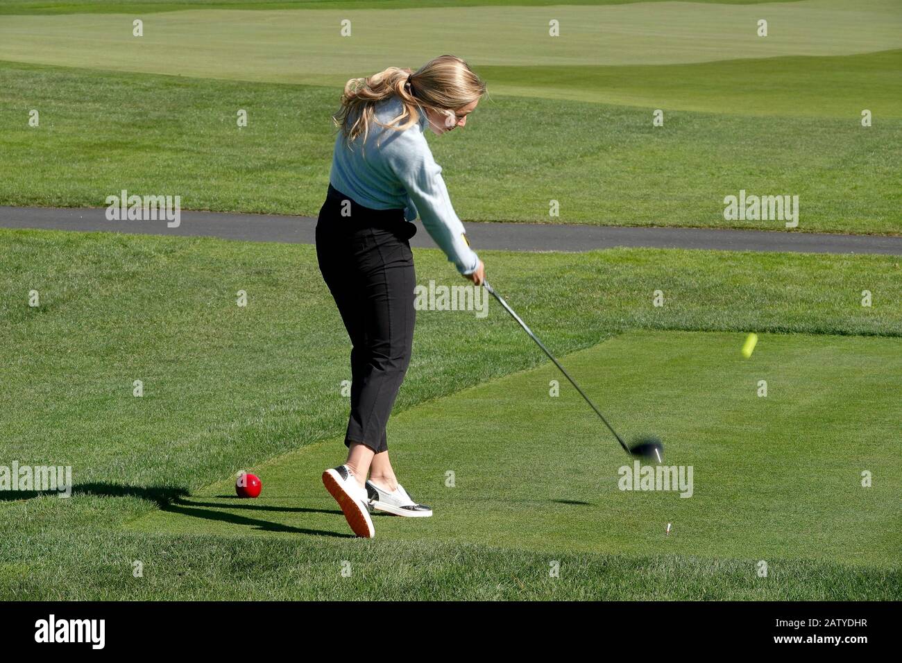 Pebble Beach, USA. 05th Feb, 2020. Monterey, California, USA February 5th 2020 Kira Dixon (Miss America 2015) tees off at the 3M Celebrity Challenge for their various charities prior to the AT&T Pro-Am PGA Golf event at Pebble Beach Credit: Motofoto/Alamy Live News Stock Photo