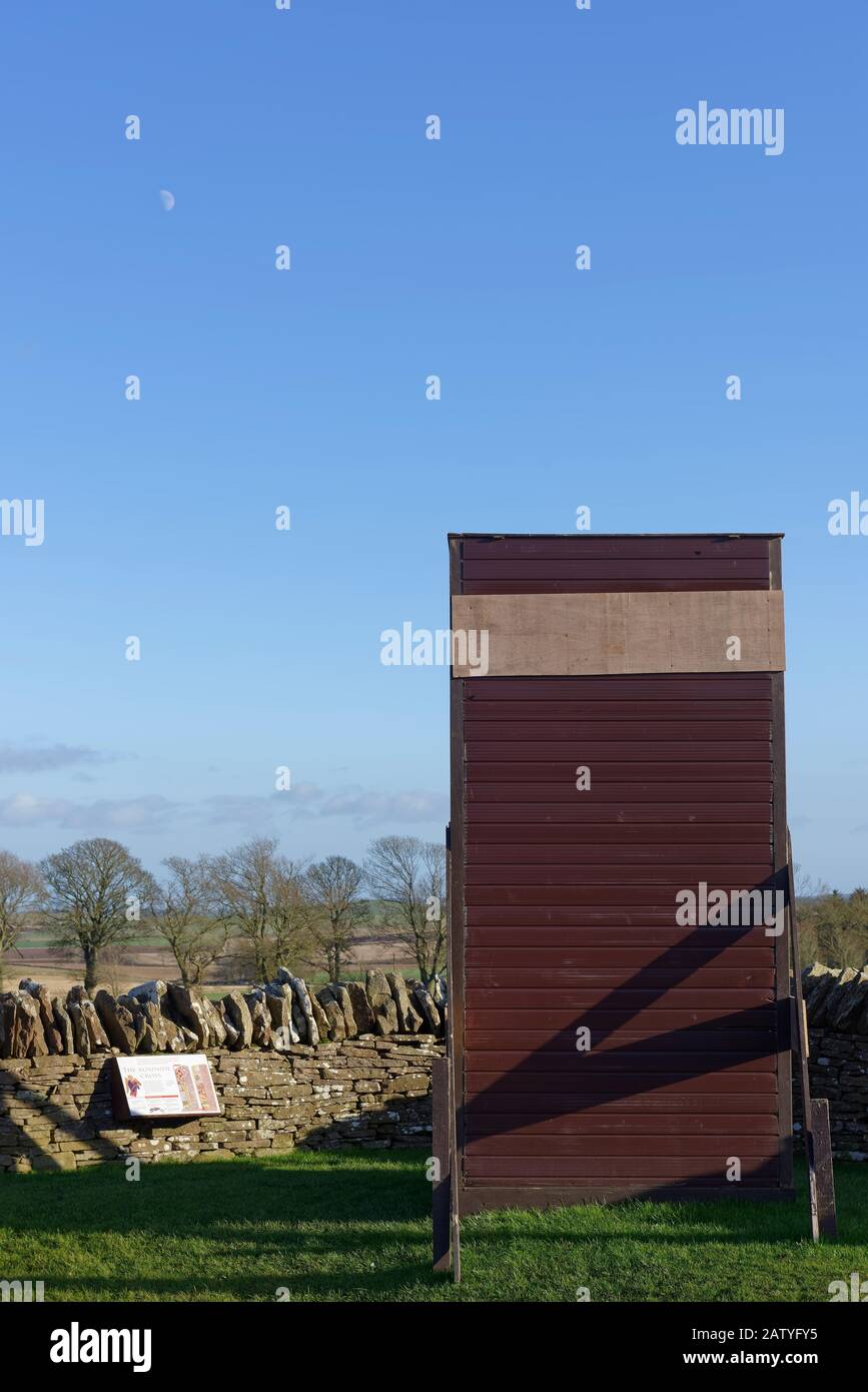 The Aberlemno Sculptured Stone number 1, covered up by its wooden winter Frame to protect it from the worst of the Scottish Weather. Stock Photo