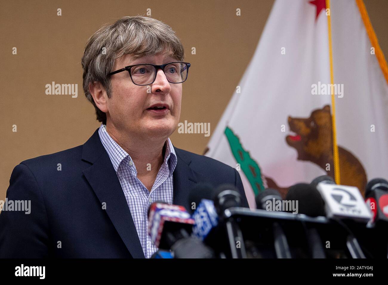 February 5, 2020, Fairfield, CA, USA: Henry Walke, M.D., Team Lead for  Centers for the Centers for Disease Control and Prevention (CDC) speaks  about the coronavirus and the evacuation of persons from Hubei Province,  China to the Travis AFB at the ...