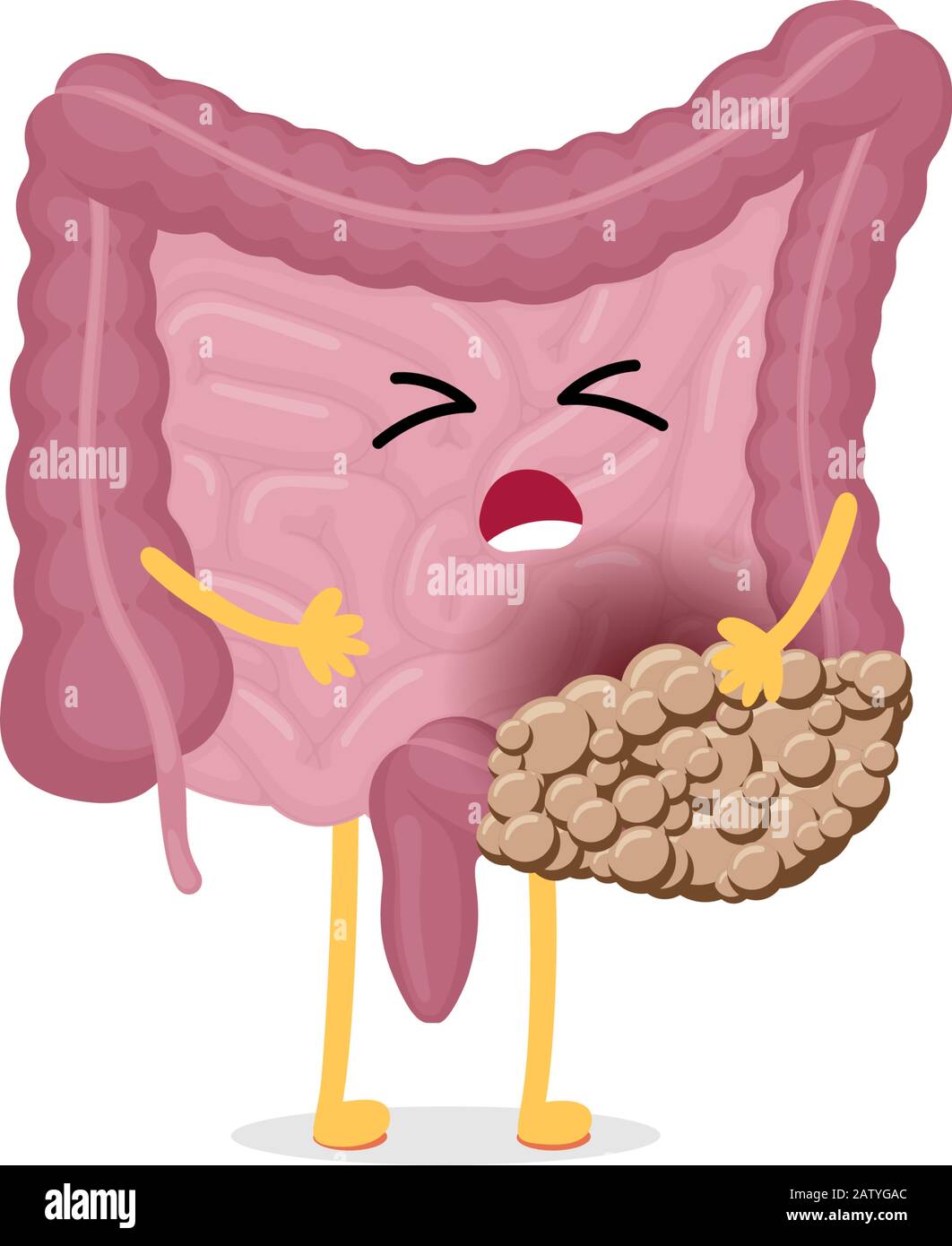 Sad suffering sick intestine colon cancer pain cartoon character. Abdominal cavity digestive and excretion human internal unhealthy bowel carcinoma organ. Vector organ tumor isolated illustration Stock Vector