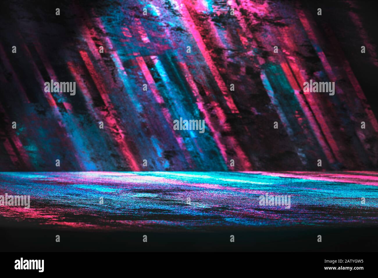 Abstract sport background concept with blurred diagonal blue and magenta lines in the dark, with colored light on the floor Stock Photo