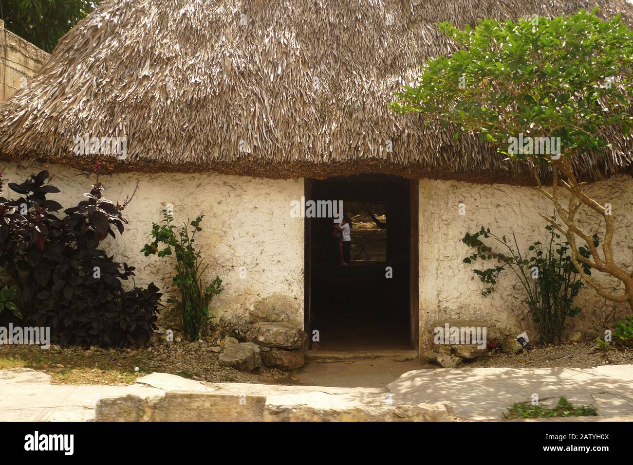 A good example of a typical Mayan hut in use in Hunucma, Yucatan, Mexico. Stock Photo