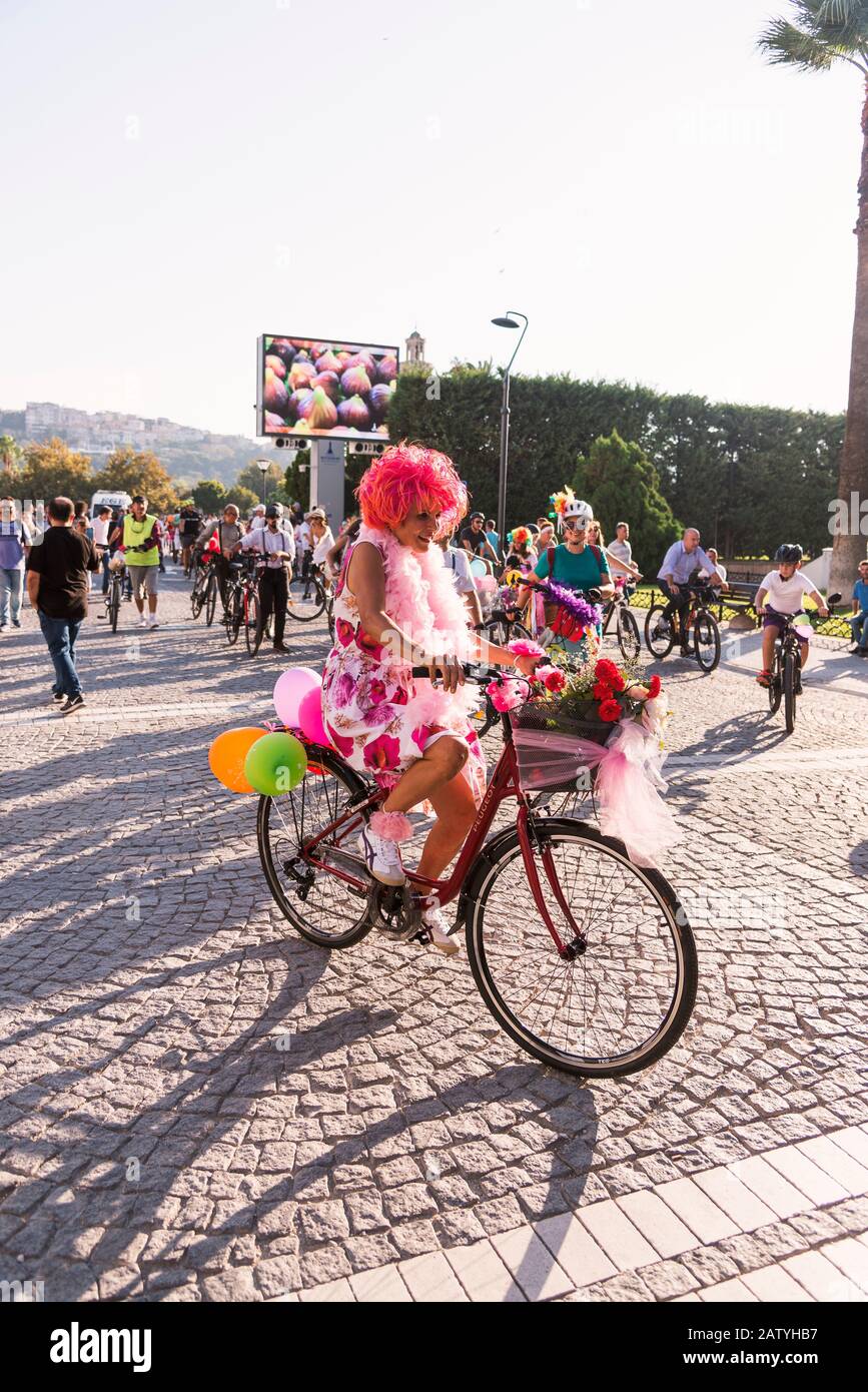 Izmir, Turkey - September 23, 2018: People riding  bicycles with baloons and fancy stuff in Izmir and on the day of Fancy Woman bike tour. Stock Photo