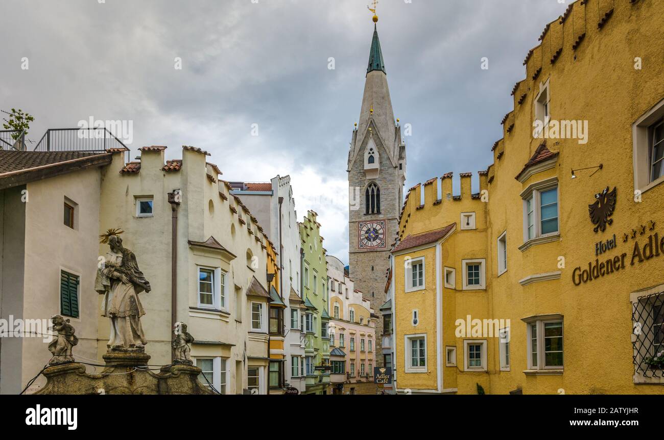 downtown skyline at the Brixen city in South Tyrol, Trentino Alto Adige, northern Italy,Europe. Historic city center Stock Photo