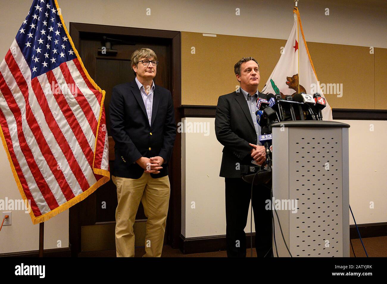February 5, 2020, Fairfield, CA, USA: Henry Walke,(L) M.D., Team Lead for  Centers for the Centers for Disease Control and Prevention (CDC) and Jason  Mcdonald , Media Relations, speaks about the coronavirus