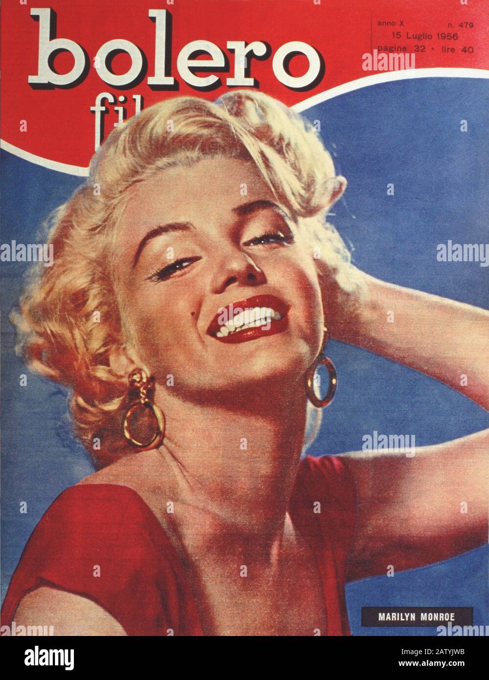 MARILYN  MONROE cover of italian magazine ' Bolero Film ' ( 15 july 1956 ) - red dress - vestito rosso- orecchini - earring - earrings -----   Archivi Stock Photo