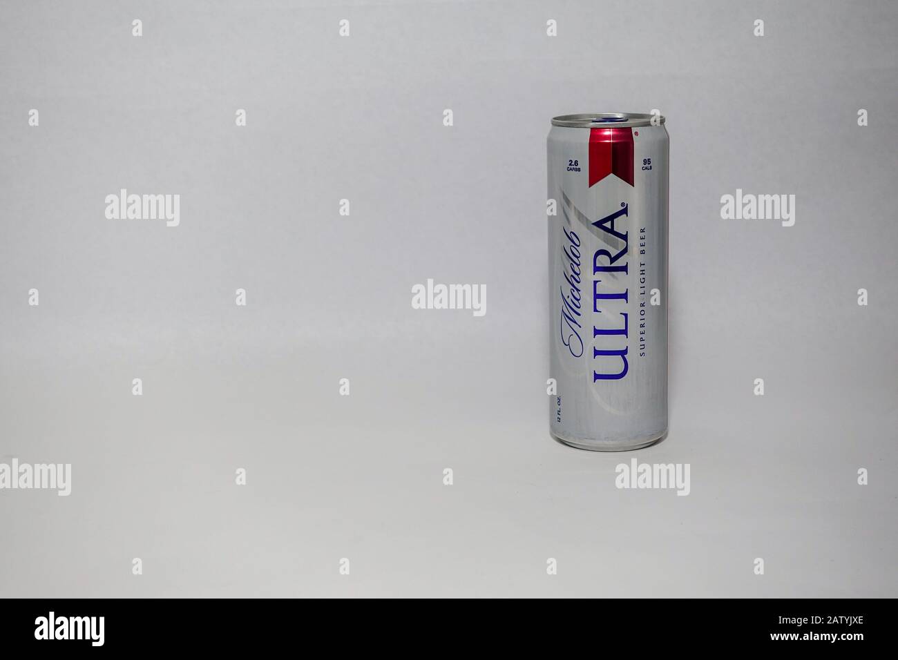 Orlando, FL/USA-2/4/20: An isolated can of  Michelob Ultra Beer on a white background with copy space.   Michelob Ultra is a product of American Anheu Stock Photo