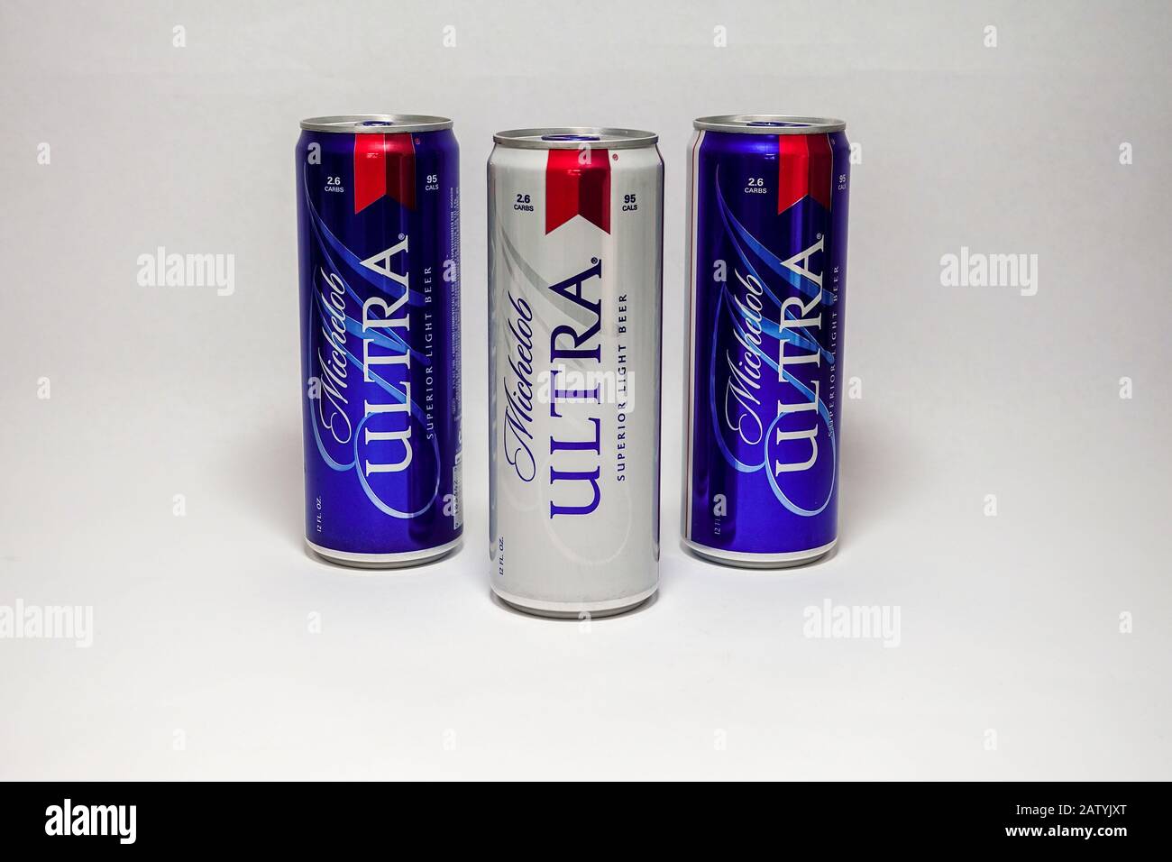 Orlando, FL/USA-2/4/20: Three cans of  Michelob Ultra Beer on a white background with copy space.   Michelob Ultra is a product of American Anheuser B Stock Photo