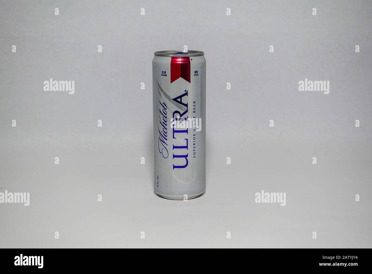 Orlando, FL/USA-2/4/20: An isolated can of  Michelob Ultra Beer on a white background with copy space.   Michelob Ultra is a product of American Anheu Stock Photo