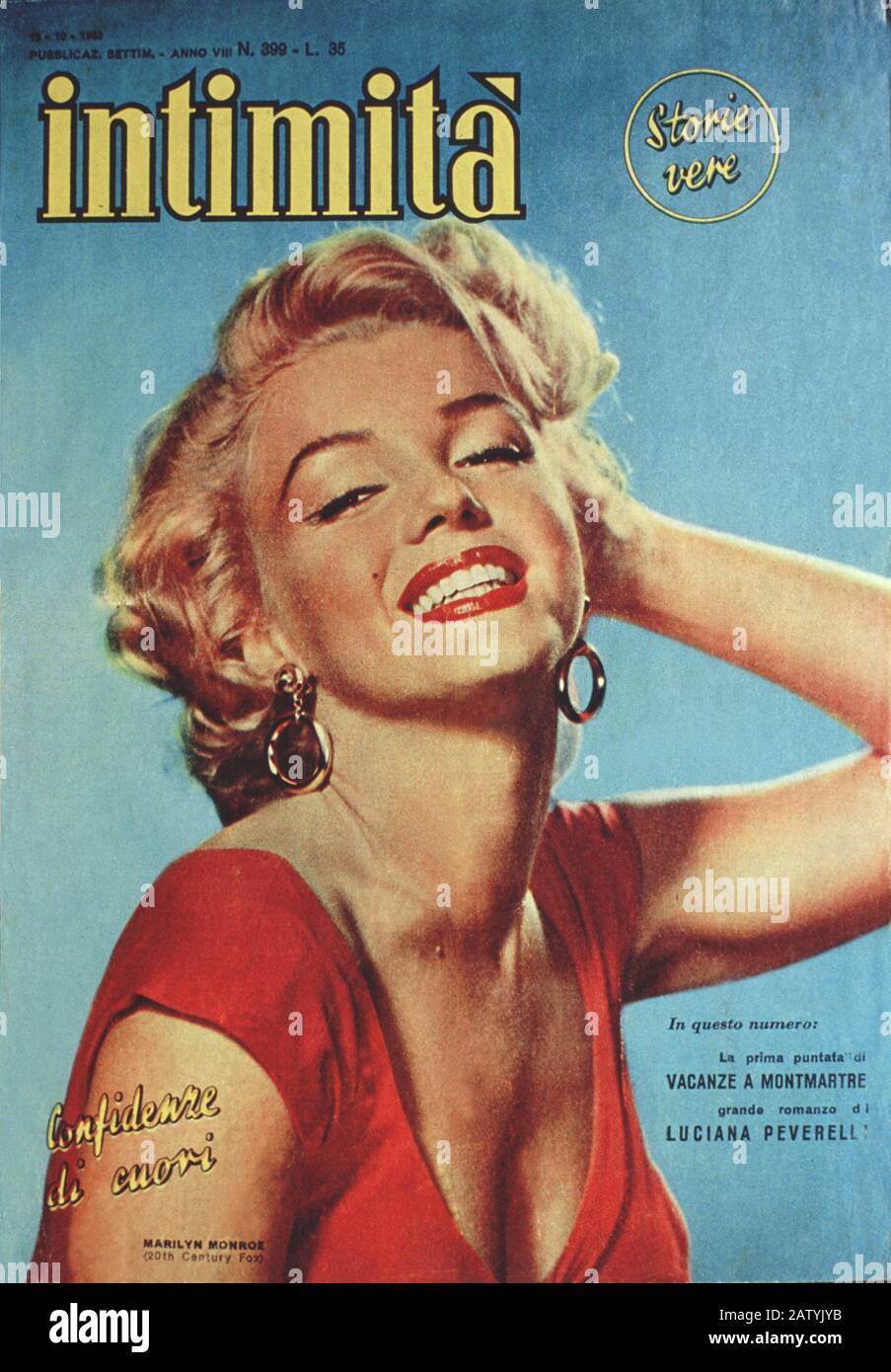 MARILYN  MONROE  magazine cover  ( INTIMITA' 15 october 1953 - ITALY ) - pin up - PIN-UP - orecchini - earring - earrings - scollatura - seno - neckli Stock Photo