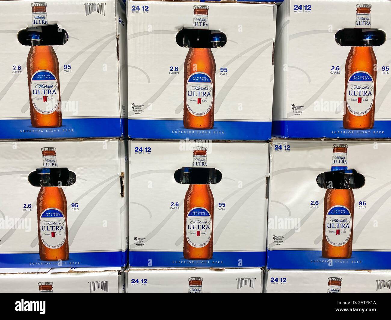 Orlando, FL/USA-2/4/20: Cases of bottles of Michelob Ultra Beer at a grocery store waiting for customers to purchase.  Michelob Ultra is a product of Stock Photo