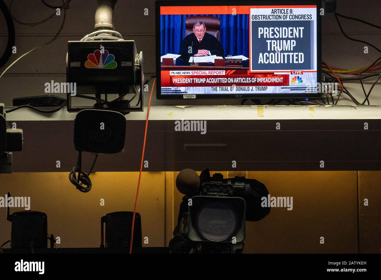 Washington, United States. 05th Feb, 2020. The NBC monitor in the James Brady briefing room shows Chief Justice John Roberts announces announcing the final vote of acquittal for U.S. President Donald Trumps Senate Impeachment trial 47-53 at the White House in Washington, DC on Wednesday, February 5, 2020. Photo by Ken Cedeno/UPI Credit: UPI/Alamy Live News Stock Photo