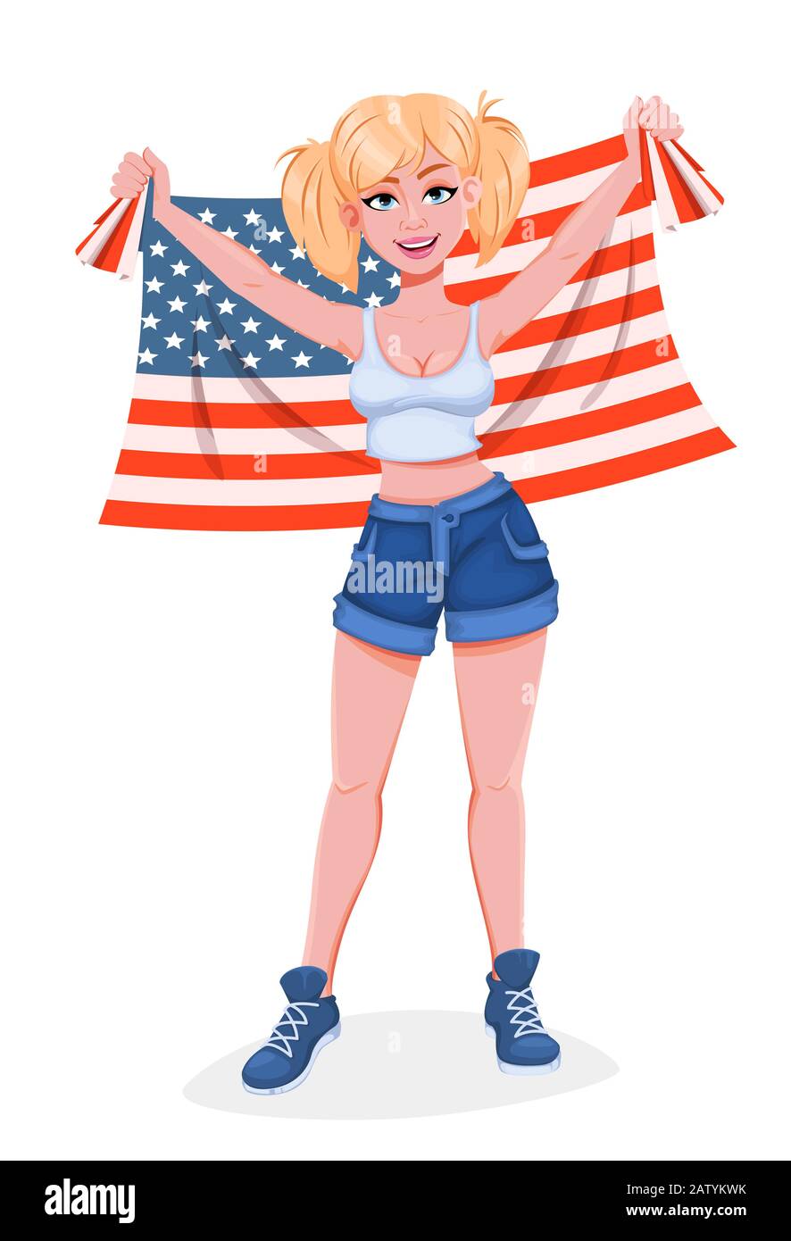 Happy President's day. Beautiful girl cartoon character holding USA flag. Stock vector illustration on white background Stock Vector