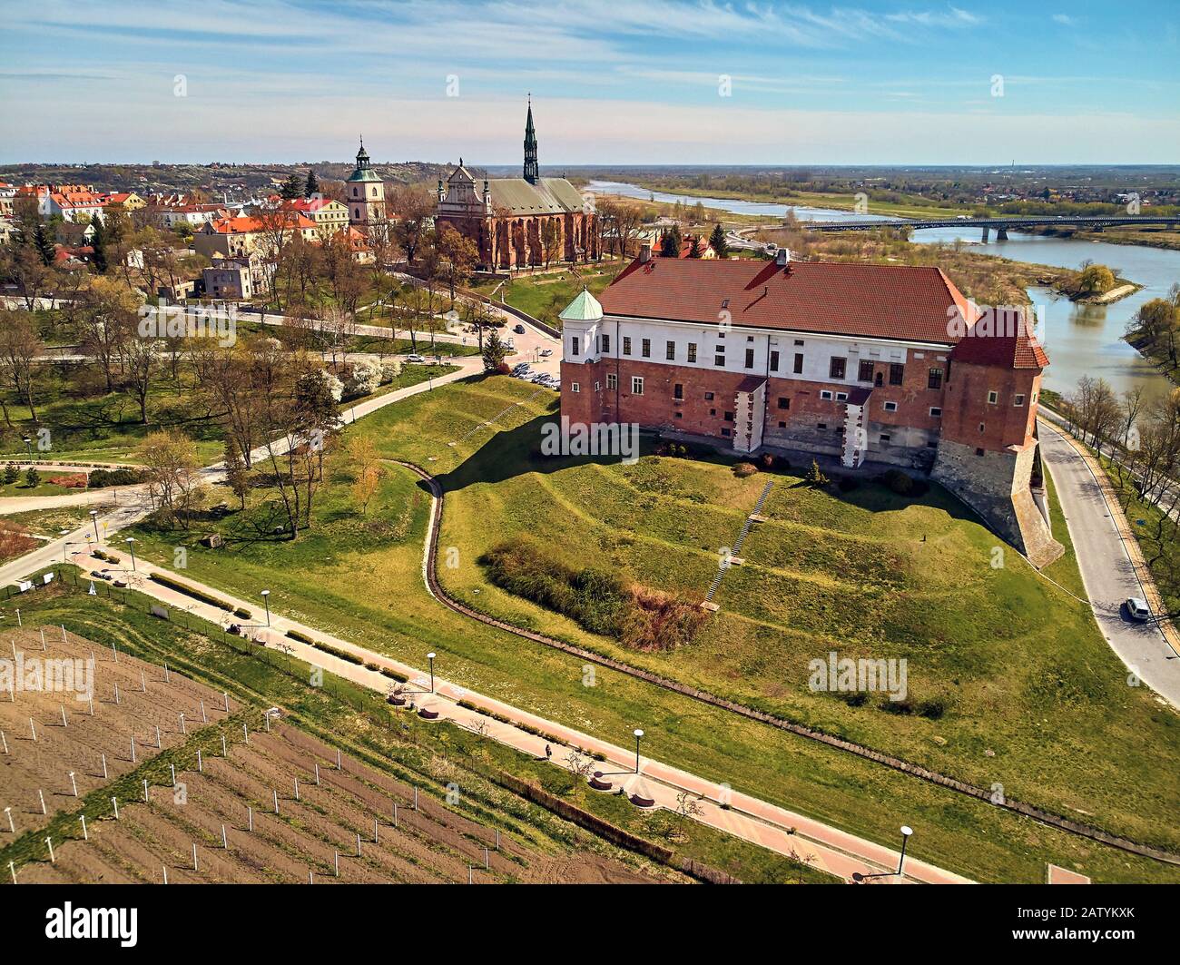 Beautiful panoramic aerial drone view to the Sandomierz Royal Castle - medieval structure in Sandomierz, Poland - was built on a slope of Vistula Rive Stock Photo