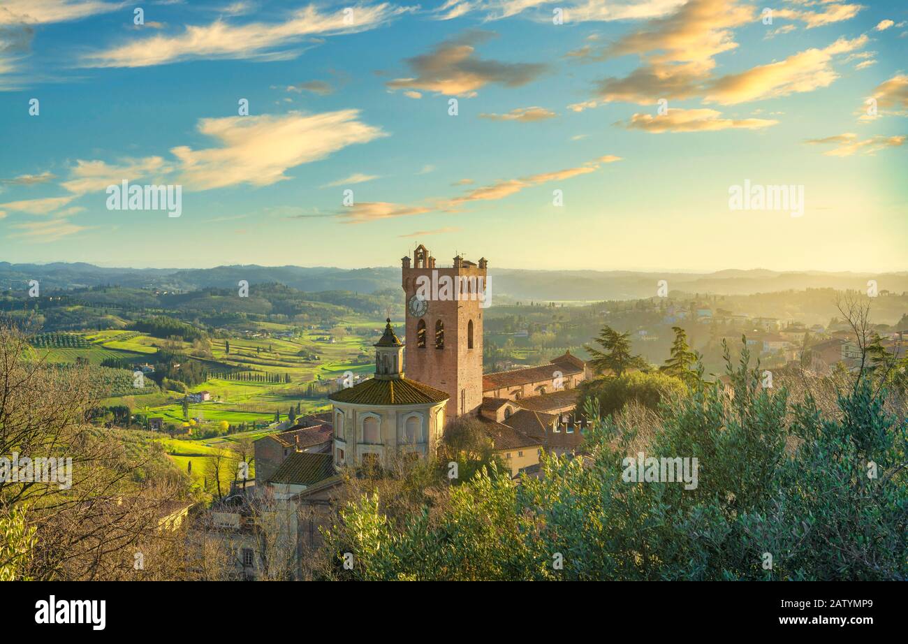 San Miniato town panoramic view, bell tower of the Duomo cathedral and countryside. Pisa, Tuscany Italy Europe. Stock Photo