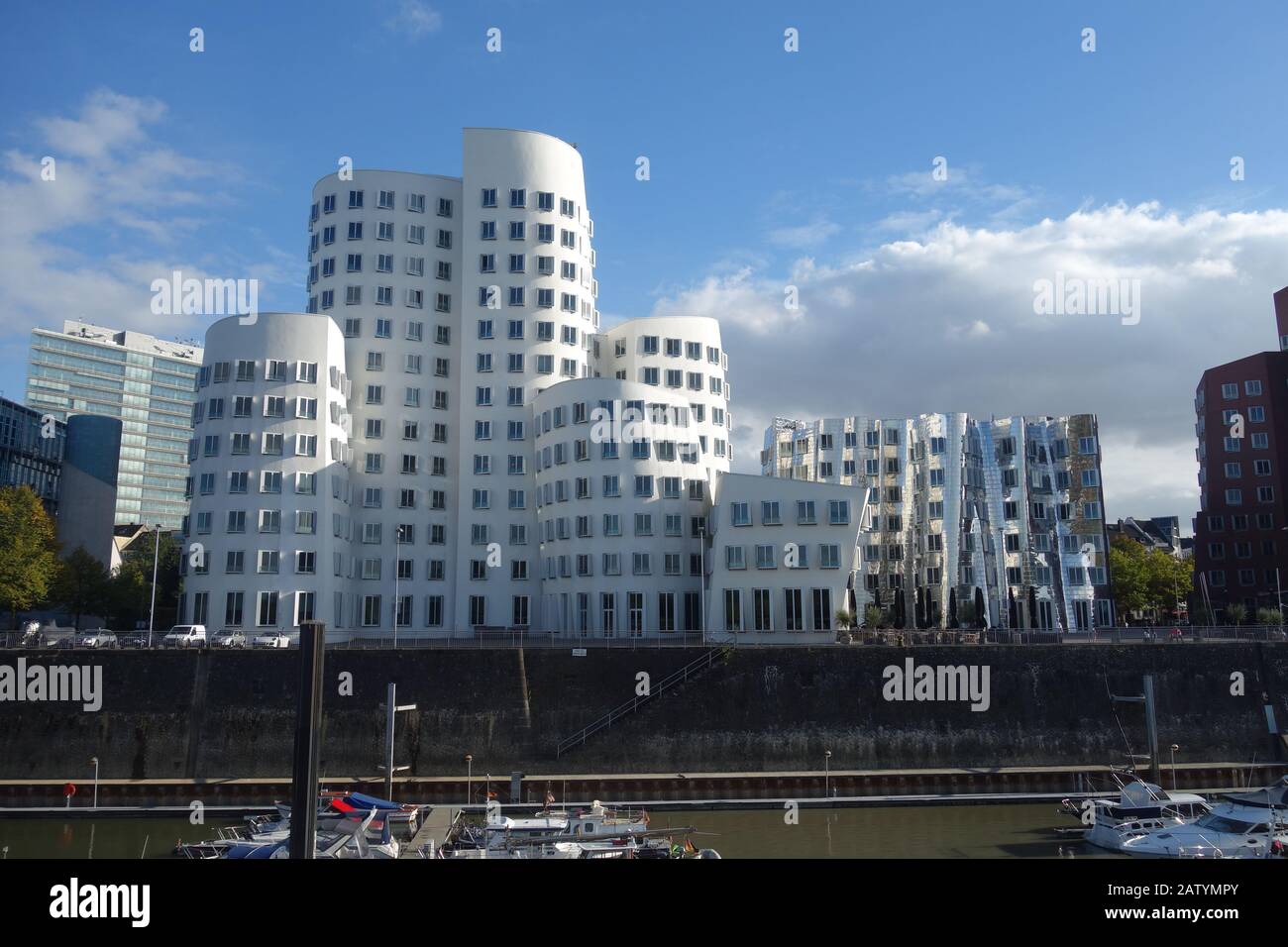 The Neuer Zollhof buildings, designed by American architect Frank O. Gehry, located next to Dusseldorf Harbour. Stock Photo