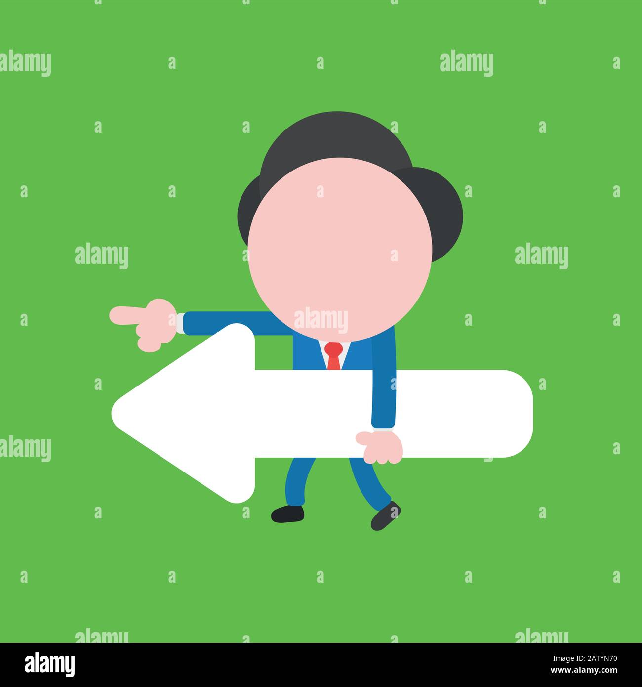 Vector cartoon illustration concept of faceless businessman mascot character walking, holding left arrow and pointing on green background. Stock Vector