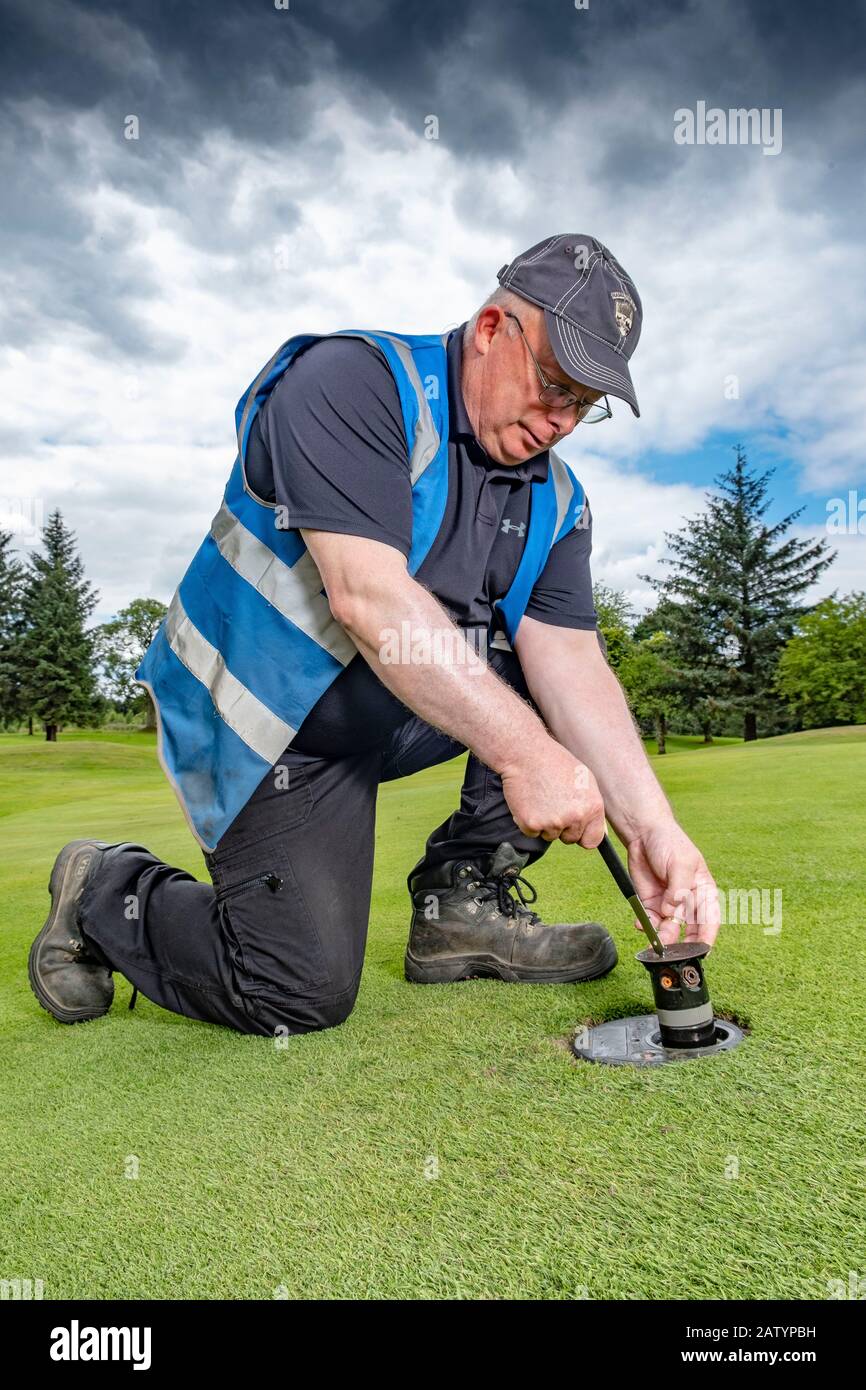 Irrigation system on golf course Stock Photo Alamy