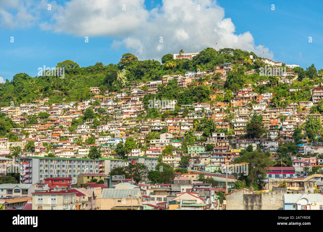 Lots of shantytown favelas on the hill, Fort De France, Martinique, French overseas department Stock Photo