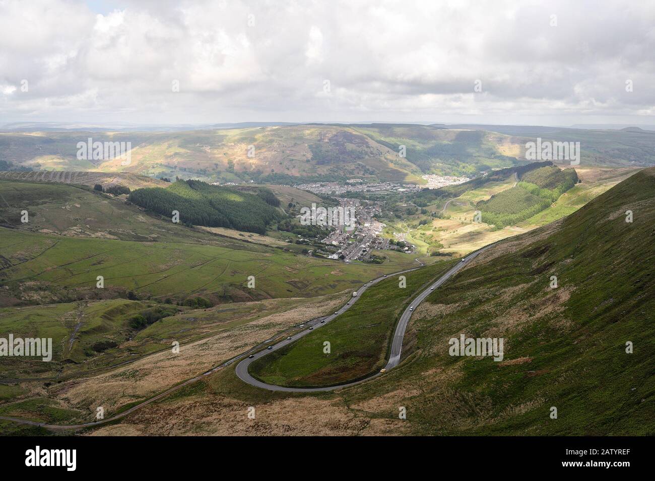 View of the Rhondda valley towards Treorchy and Cwmparc from the Bwlch mountain pass, Wales, Welsh Valleys Stock Photo