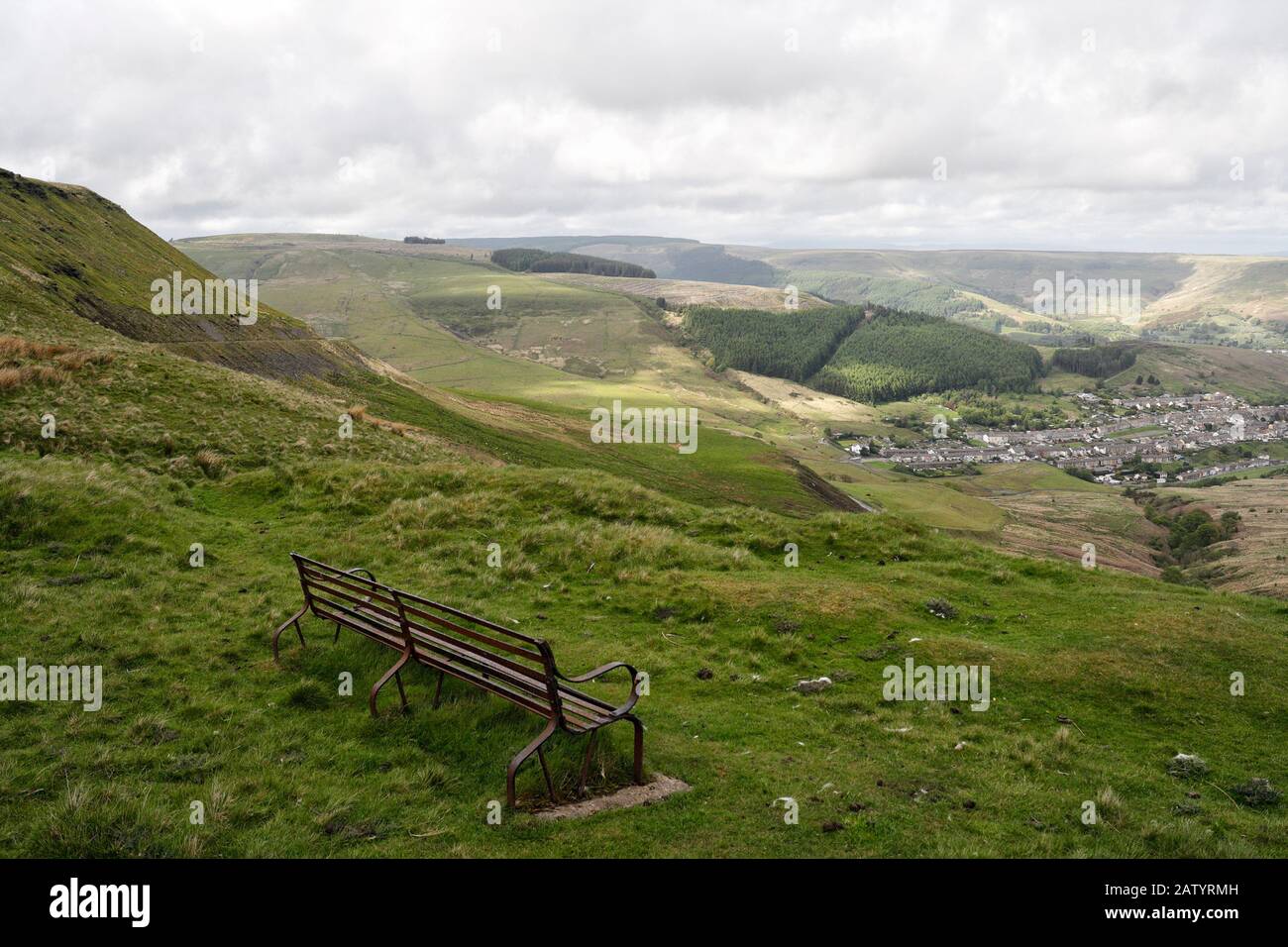 Rhondda valley towards Treorchy and Cwmparc from the Bwlch mountain pass, Wales, Welsh Valleys Stock Photo