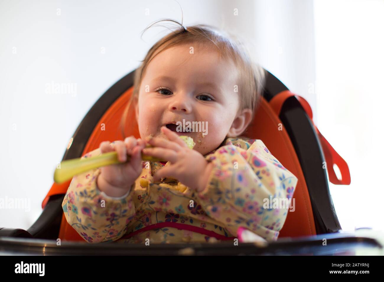 8 month old baby girl eating food Stock Photo - Alamy