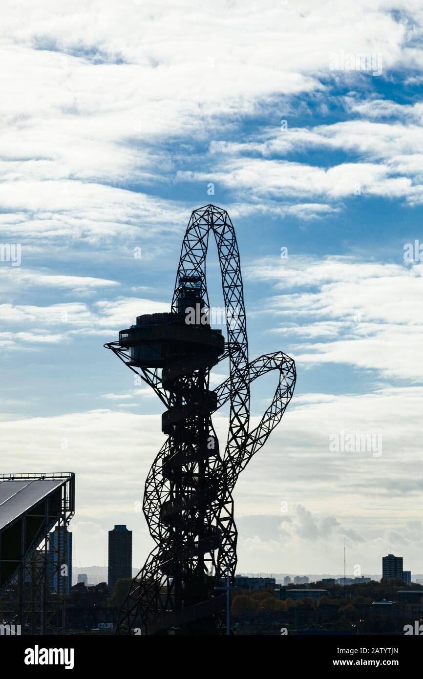 Silhouette of ArcelorMittal Orbit, UK's tallest sculpture at the Queen Elizabeth Olympic Park in 2012, Stratford, London, England, UK Stock Photo