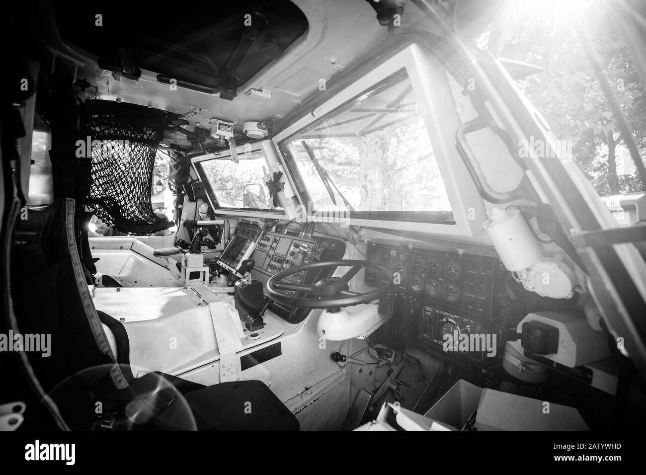 Strasbourg, France - Sep 21, 2019: Monochrome image of Empty driver's seat of French Army Petit vehicule protege Armoured Infantry Fighting Vehicle Manufactured by Panhard Stock Photo