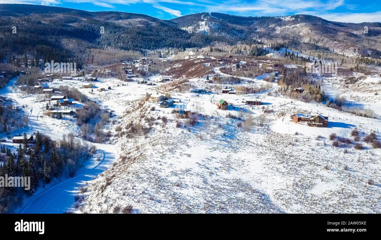 Aerial view of rural mountain community in the Winter Stock Photo - Alamy