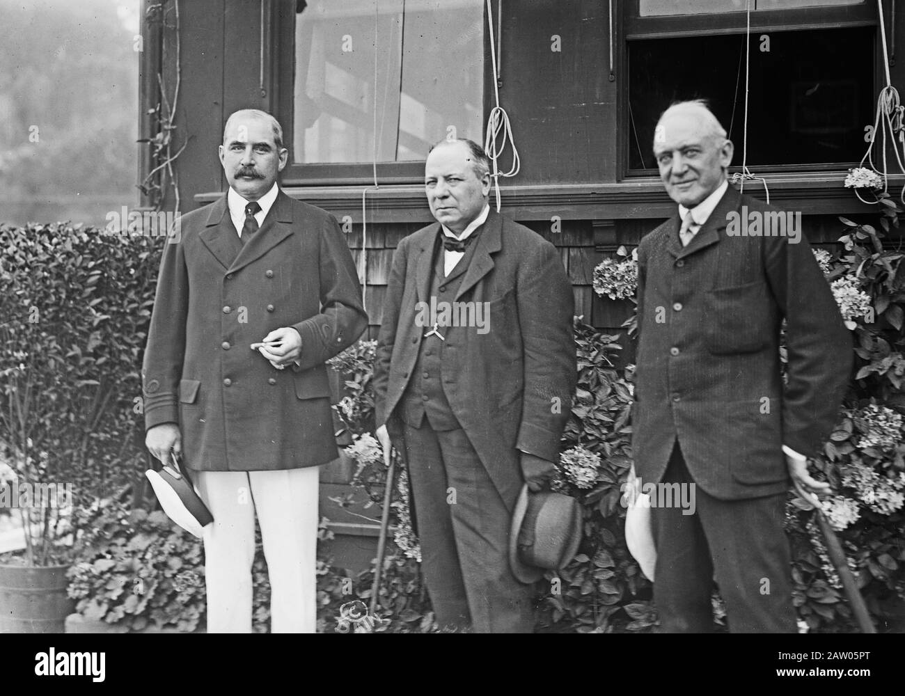 Photo shows J.P. Morgan, Jr., Richard Burdon Sanderson Haldane, 1st Viscount Haldane (1856-1928); and Sir Kenneth Augustus Muir Mackenzie (1845-1930), 1st Baron Muir-Mackenzie at the U.S. Military Academy, West Point, New York State, August 30, 1913. Stock Photo