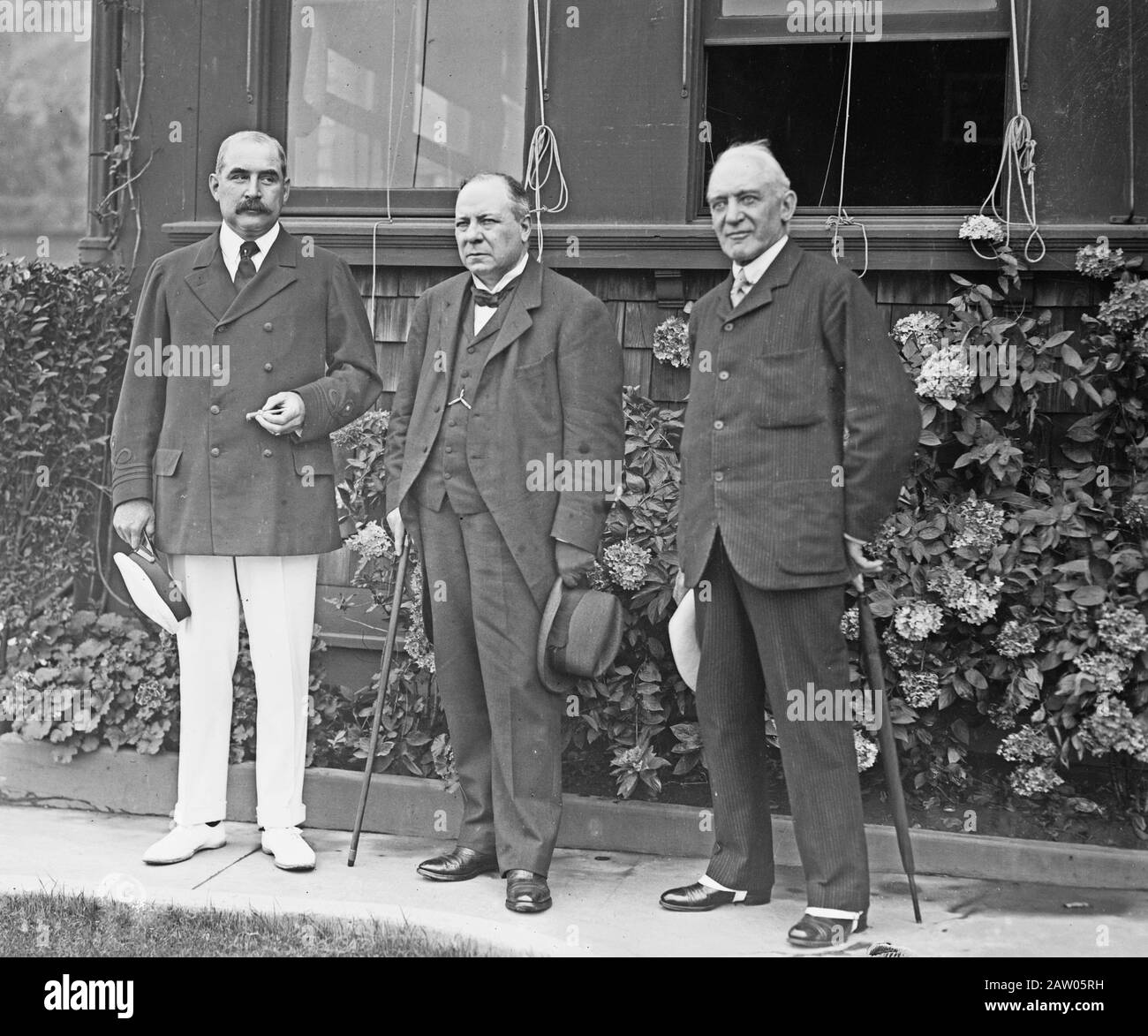 Photo shows J.P. Morgan, Jr., Richard Burdon Sanderson Haldane, 1st Viscount Haldane (1856-1928) and Kenneth Muir Mackenzie (1845-1930) at the U.S. Military Academy, West Point, New York State, August 30, 1913. Stock Photo