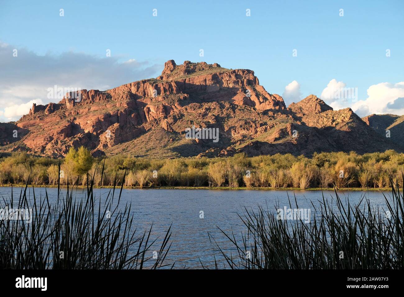 Scenic landscape of rugged Red Mountain (Mount McDowell), located on the Salt River North of Mesa, Arizona. Stock Photo