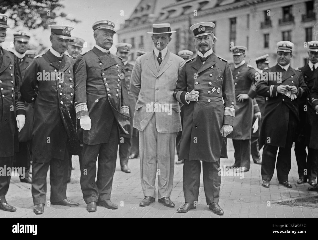 Photo shows (left to right): unidentified man, Captain Ludwig Ritter von Mann of the German ship Moltke; US Rear-Admiral Aaron Ward (1851-1918), Acting Commander of the American Fleet; Count Von Bernstorff, German Ambassador to the United States; and Rear Admiral Hubert von Rebeur-Paschwitz, during the visit of German naval ships to New York City in June, 1912 Stock Photo
