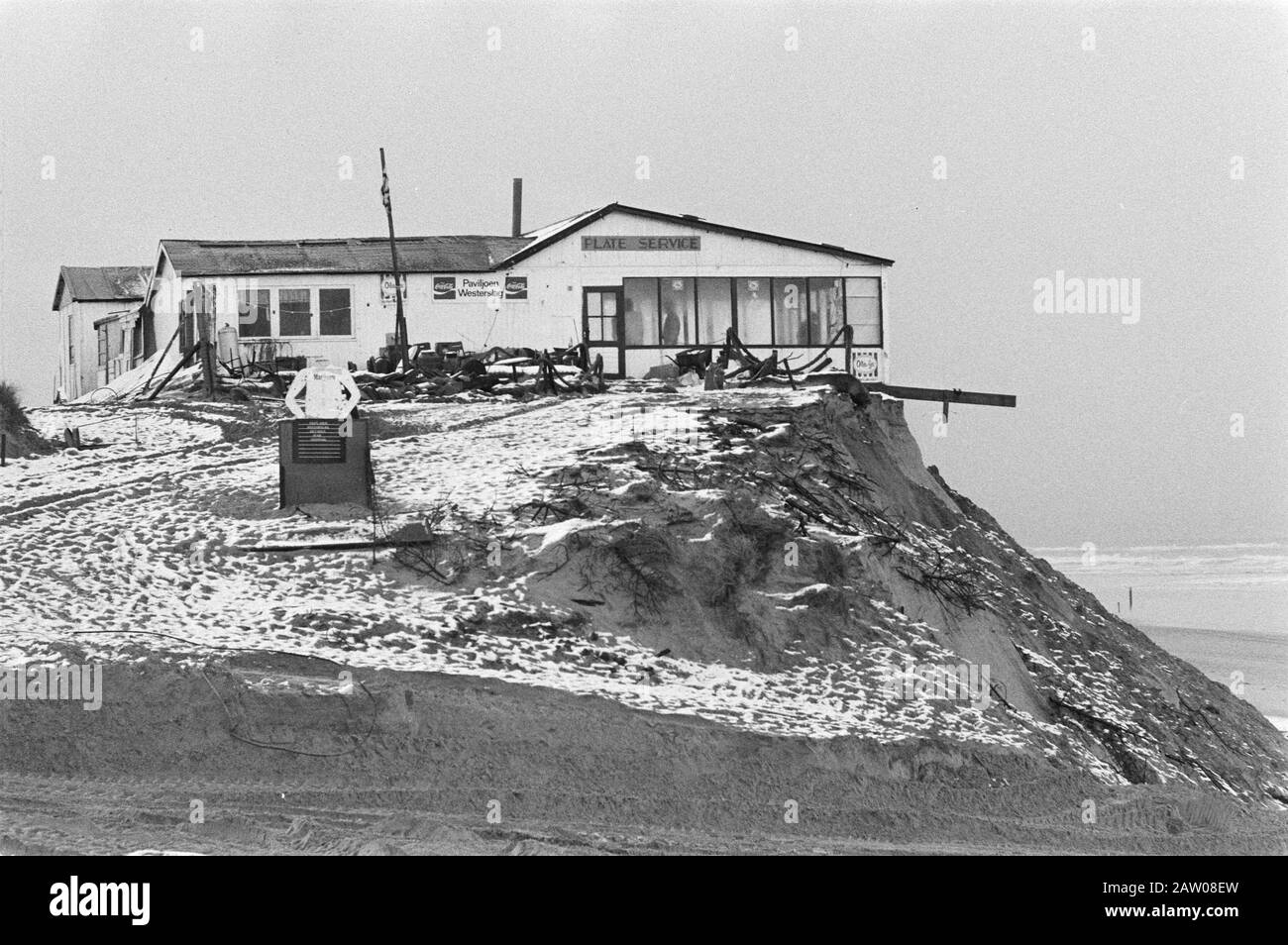After the violent storm this week is missing a large part of he island of Texel, this beach pavilion survived no like the storm Date: January 6, 1981 Location: North Holland, Texel Keywords: Beach pavilions, islands, storms Stock Photo