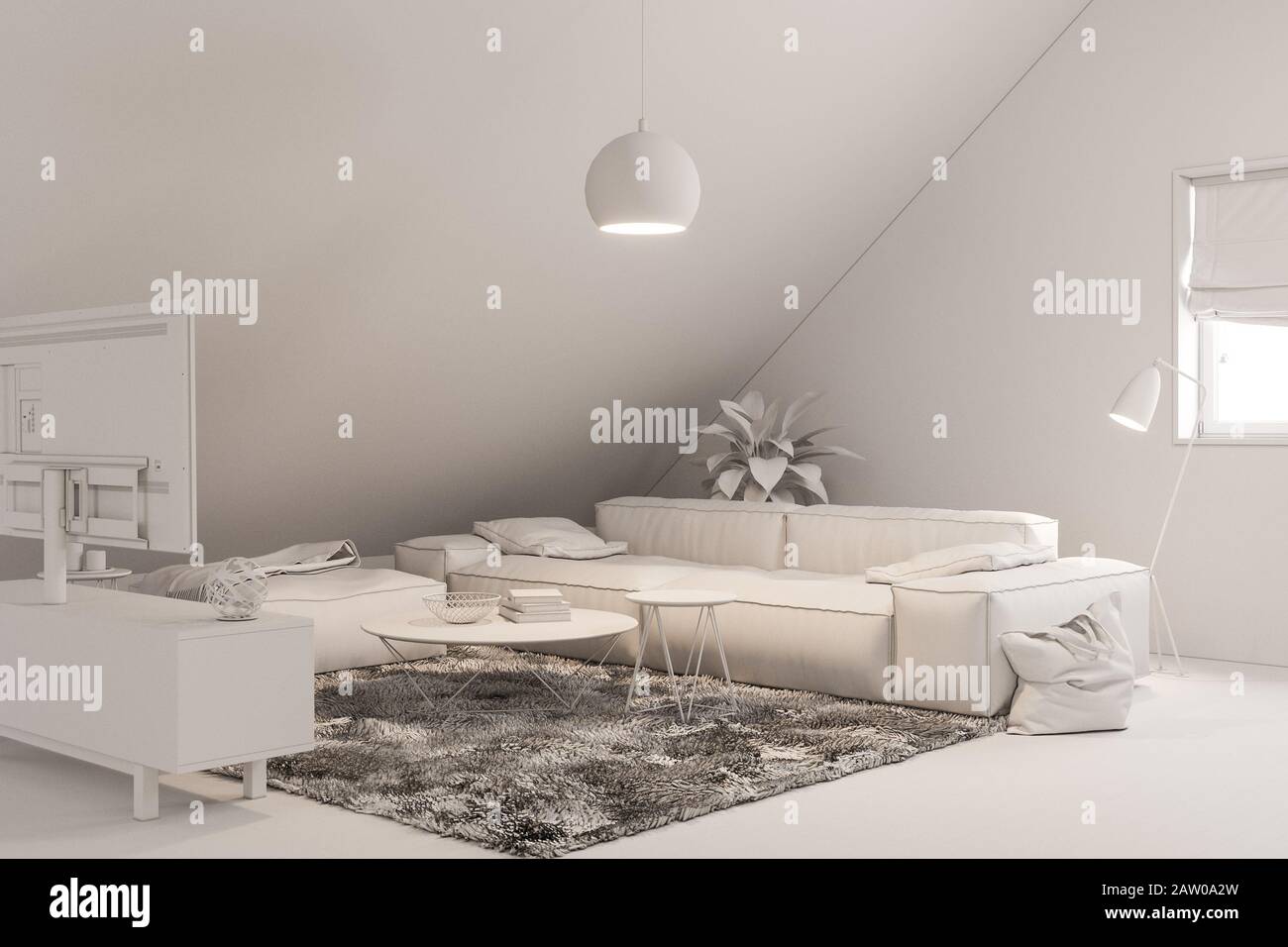 3d render interior design of the attic floor of a private cottage Stock Photo