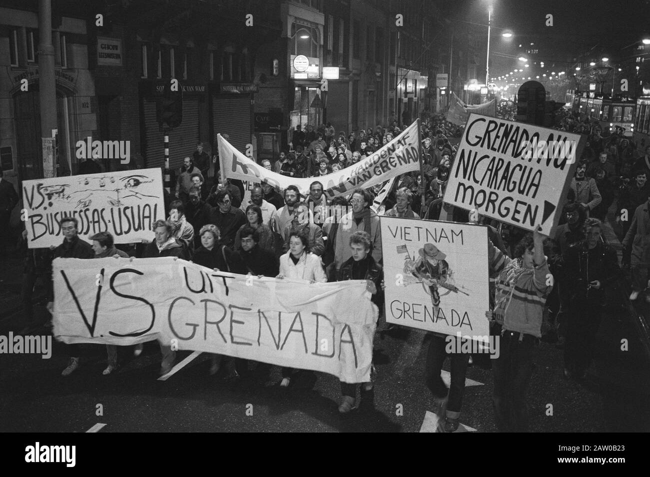Demonstration in Amsterdam against the US invasion of Grenada after a coup Date: October 25, 1983 Location: Amsterdam, Noord-Holland Keywords: demonstrations, military operations, parades, banners Stock Photo