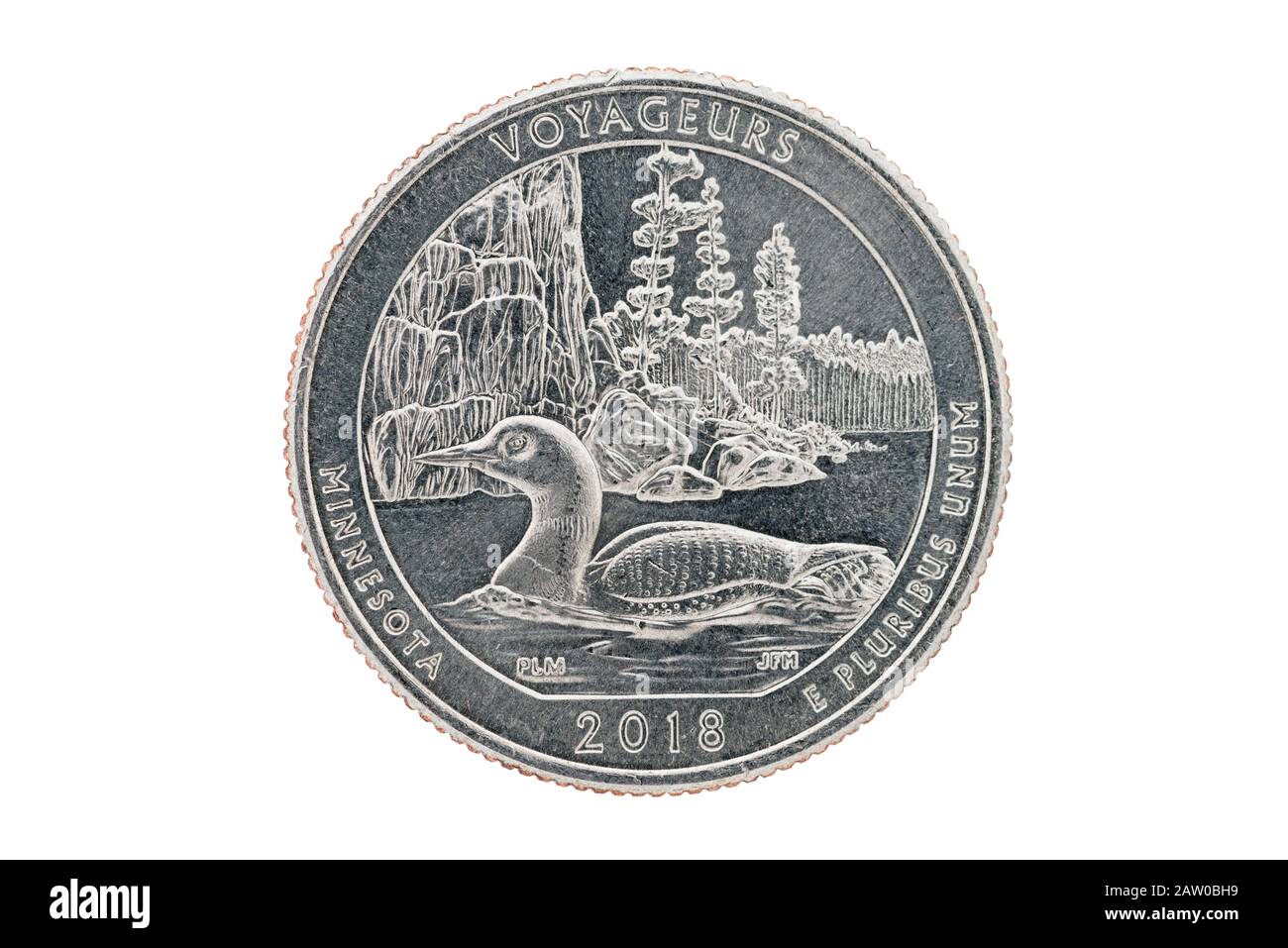 Voyageurs Park Minnesota commemorative quarter coin with loon isolated on white Stock Photo