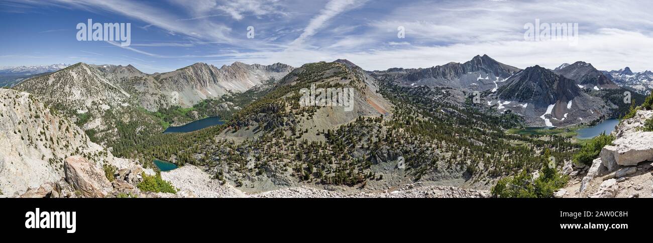 panorama overlooking the Pacific Crest and John Muir Trail near Virginia Pass in the Sierra Nevada Mountains Stock Photo